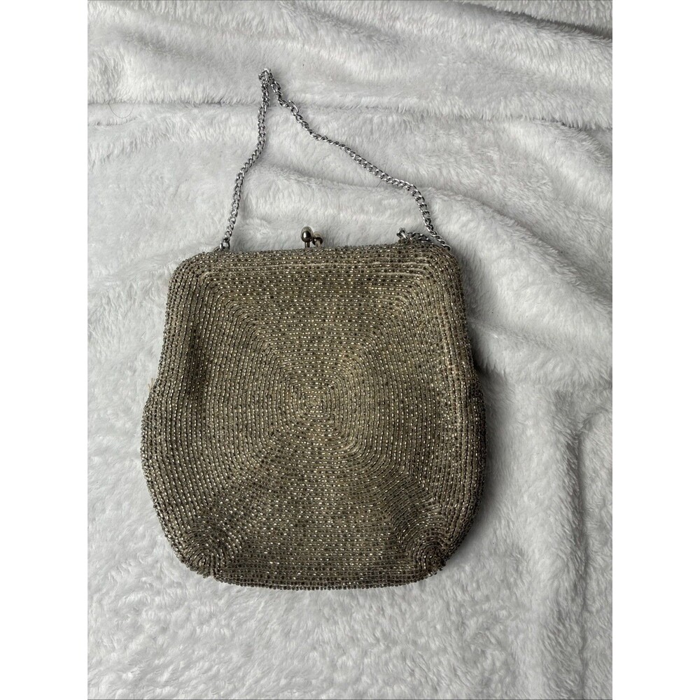 Vintage Hand Made in Japan Silver Beaded Evening Bag Purse Chain Strap Satin